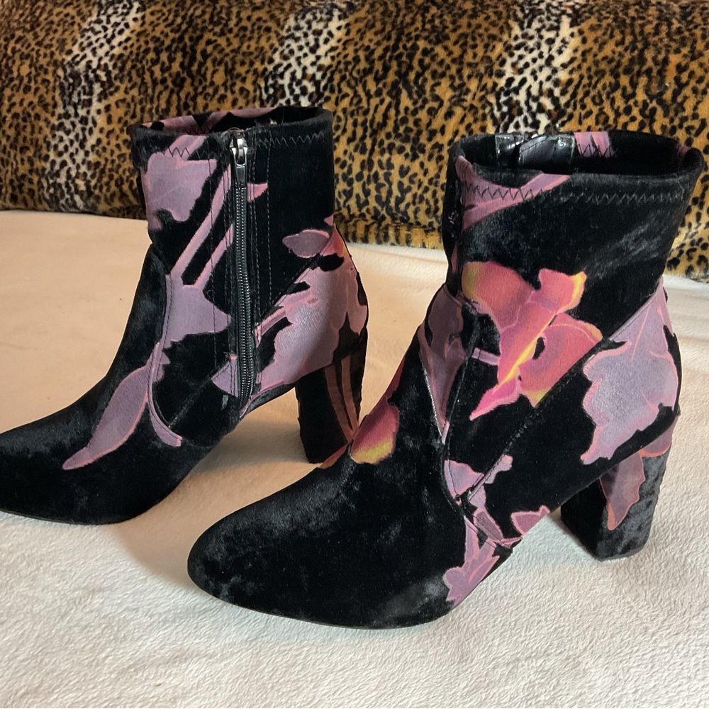 Floral Velvet Ankle Boots - Black and Pink and Purple
